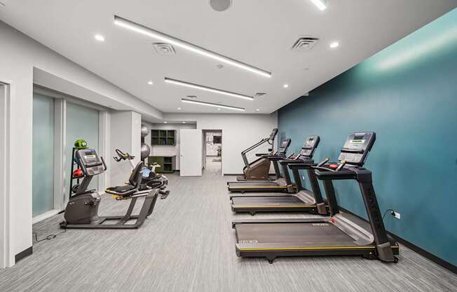 A gym with treadmills and elliptical machines.