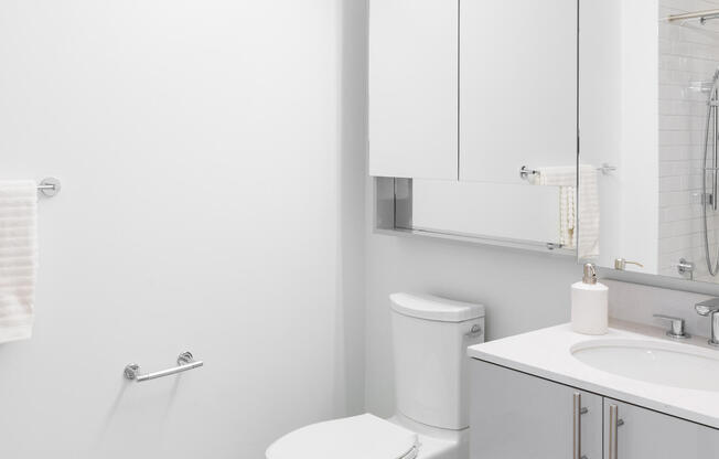 clean white bathroom with stainless finishes and modern fixtures