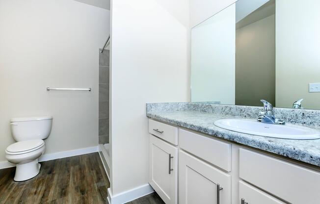 Apartments in Leander TX - Hills at Leander Expansive Bathroom with a Large Vanity, Shower, and Much More