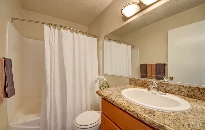 A clean, well-lit bathroom here at Avalon Springs with a bathtub-shower combo, neutral walls, and a granite countertop vanity with a white sink, complemented by a large mirror, warm lighting, and neatly arranged towel accents for a fresh, inviting feel.