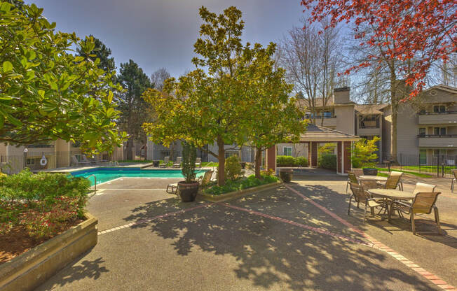 a courtyard with a swimming pool and trees and benches