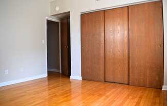 a bedroom with two closet doors and a wood floor