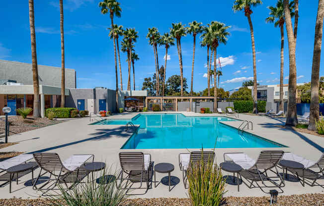 a swimming pool with chairs and tables and palm trees