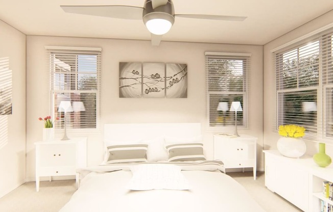 a bedroom with white walls and a ceiling fan at Brownstones at Palisade Park Townhomes, Broomfield, 80023
