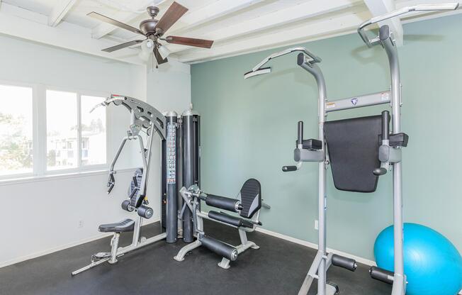 A bright home gym featuring a multi-station workout machine, an exercise bike, and a stability ball. The room has a ceiling fan and large windows that allow natural light to fill the space, enhancing the workout environment. The walls are painted in a calming green color.