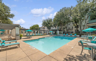 Community Swimming Pool with Pool Furniture at Essence Apartments in Dallas, TX.