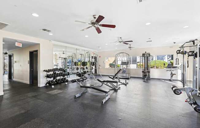 A gym with a variety of equipment including treadmills, weights, and exercise machines.