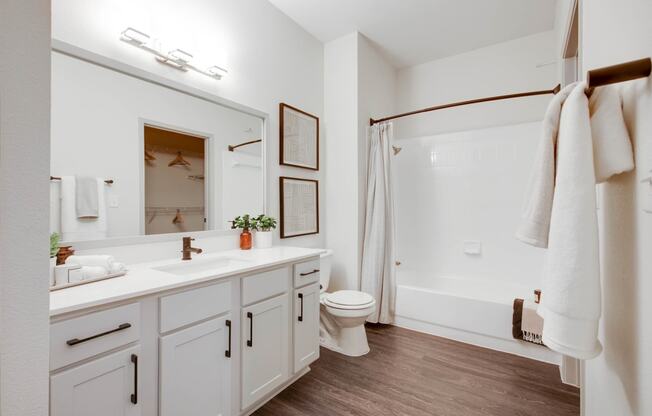 a bathroom with a sink and a toilet and a shower at The Olivine, Austin, TX