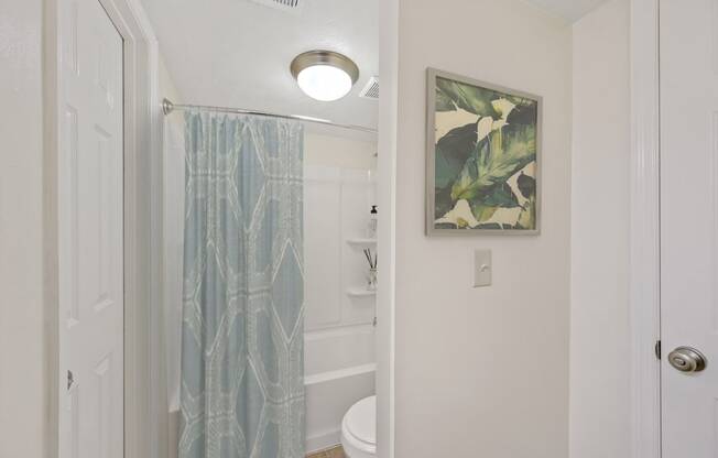 a bathroom with a shower and toilet in a 555 waverly unit