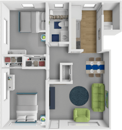 2 bed 1 bath floor plan at Village Square Apartments