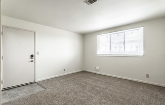 an empty room with carpet and a window and a door