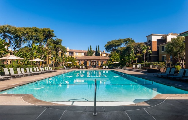 A large swimming pool surrounded by lounge chairs and trees.