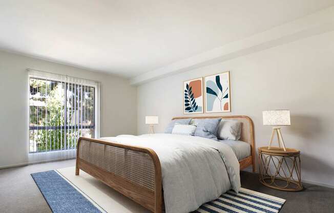 A bedroom with a bed, a nightstand, and a painting on the wall.