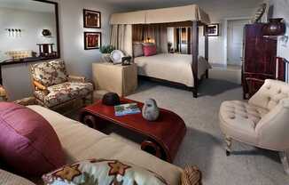 A living room with a couch, chair, ottoman, and a bed with a canopy.