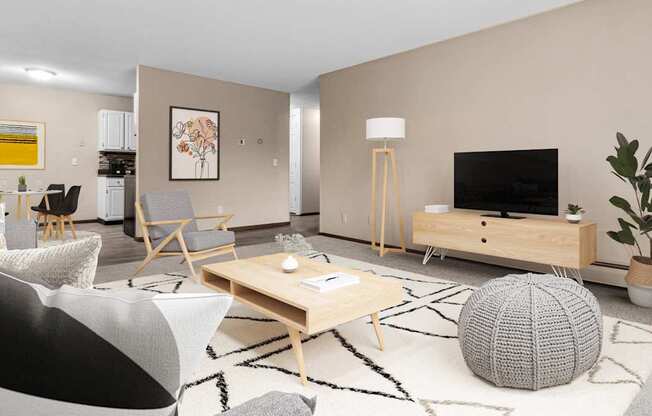 A modern living room with a grey and white patterned ball on the carpet.