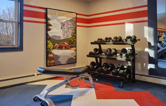 Free Weights In Gym at Heritage at the River, New Hampshire, 03102
