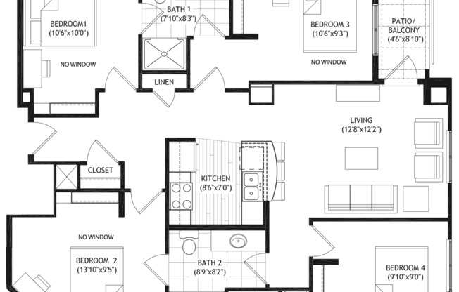4 beds, 2 baths, 1,186 sqft, $5,200, Unit 311