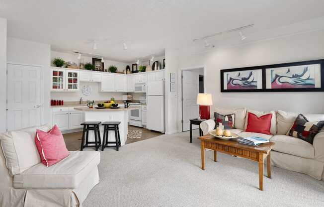 a living room with a couch and a table