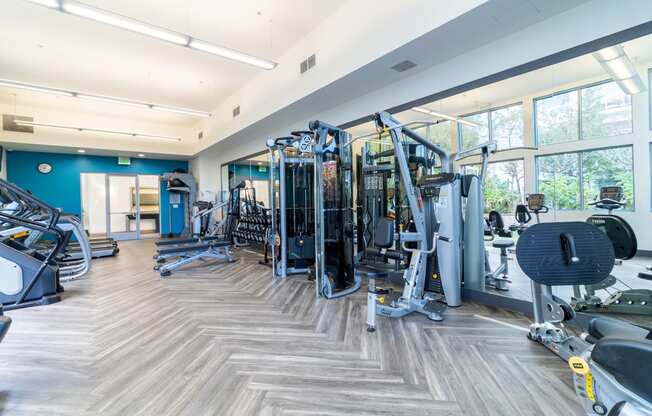 a gym with cardio machines and weights in a building with large windows