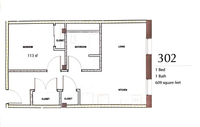 1 bed, 1 bath, 609 sqft, $2,100, Unit APT 302