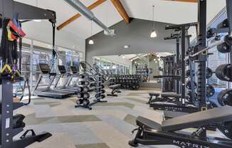A gym with a variety of equipment including treadmills, weights, and exercise machines.