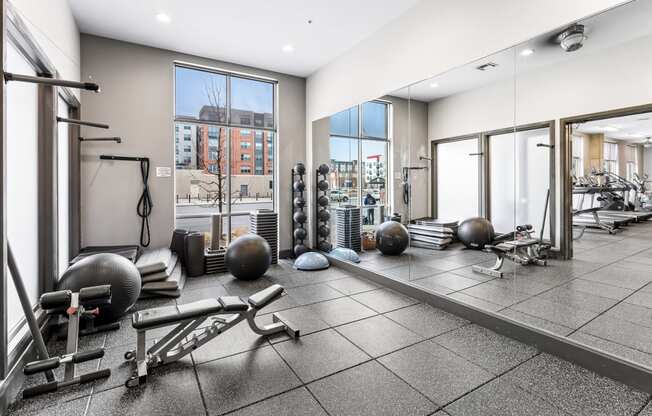 Free Weights Area in Fitness Center at Windsor at Broadway Station, 1145 S. Broadway, Denver