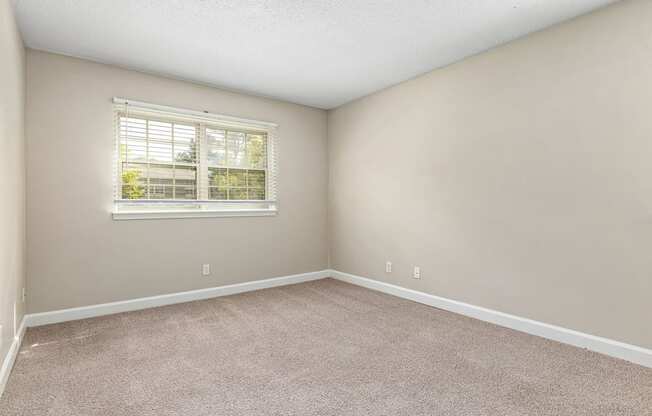 a bedroom with beige walls and carpet