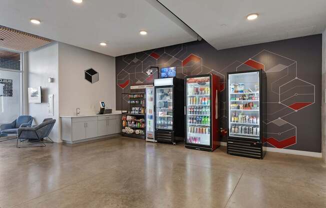 a view of a conference room with a design on the wall