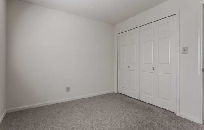 a bedroom with two closets and a carpeted floor