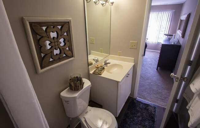 This is a photo of the primary bathroom in the 950 square foor, 2 bedroom apartment at Deer Hill Apartments in Cincinnati, OH.