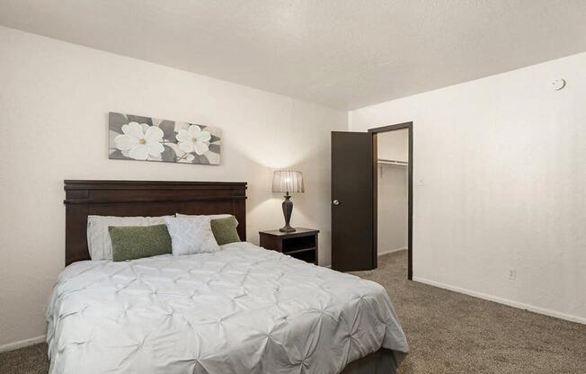 a bedroom with a bed and a closet