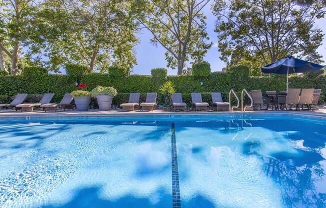 A clear, inviting swimming pool surrounded by lounge chairs and a shaded patio area under trees. The pool reflects the blue sky and greenery, with potted plants adding a touch of color. In the background, a seating area with tables and chairs is visible, providing a relaxing atmosphere.