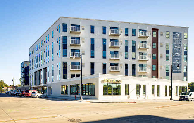 a new apartment building on the corner of a city street at Riverhouse Apartments, North Dakota