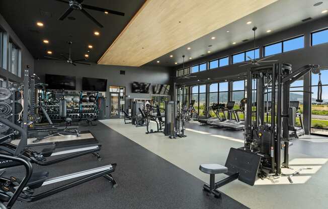 a gym with weights and cardio equipment and windows