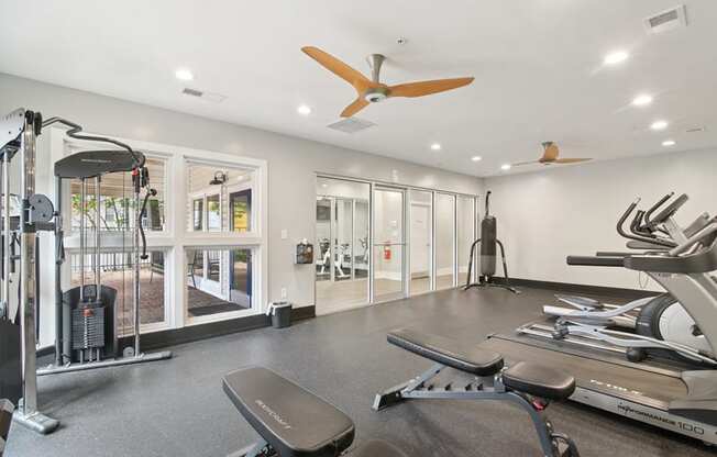 A gym with a variety of equipment including a treadmill, weights, and a bench press.