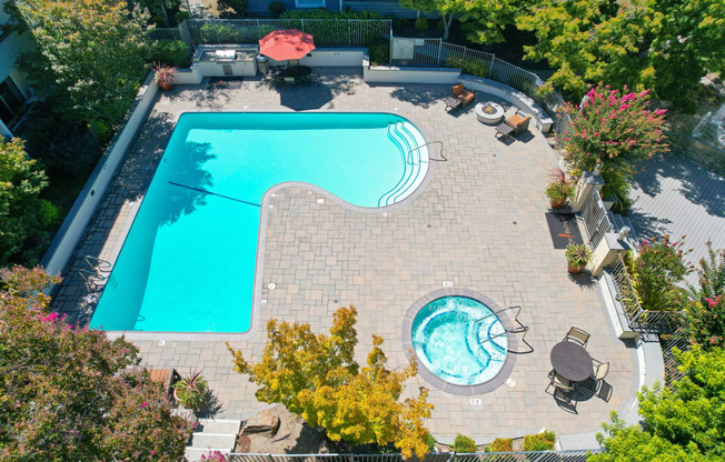 an aerial view of a backyard with a large swimming pool and a jacuzzi