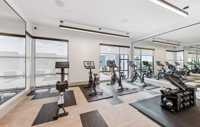 a gym with a large amount of exercise equipment and windows