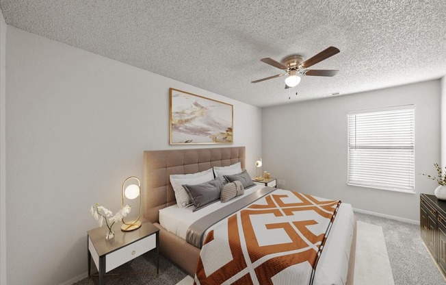 A bedroom with a bed, a nightstand with a lamp, and a painting on the wall.