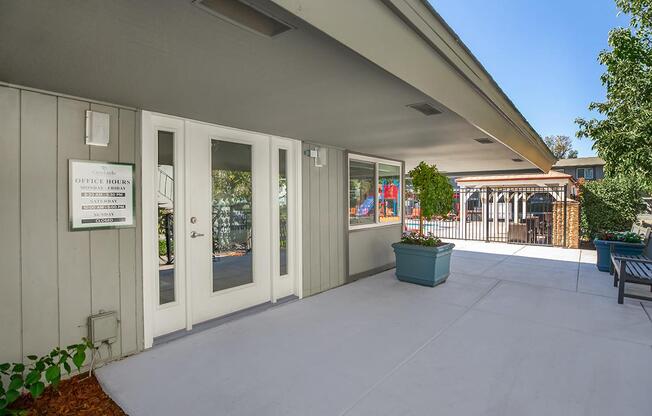 a bench in front of a building