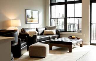 A black leather couch with a white throw blanket on it at The Pearl, Fort Wayne, IN 46802