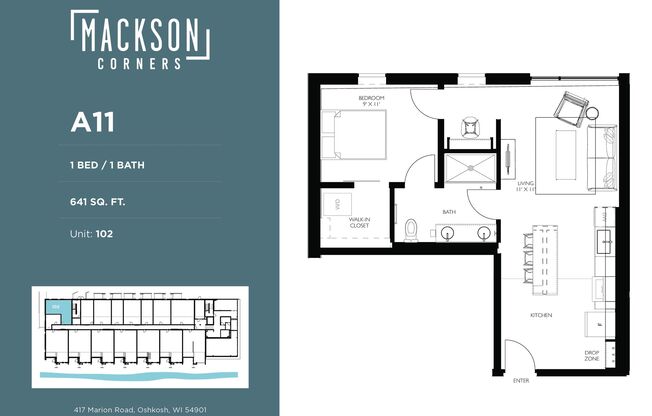 1 bed, 1 bath, 641 sqft, $1,500, Unit 102