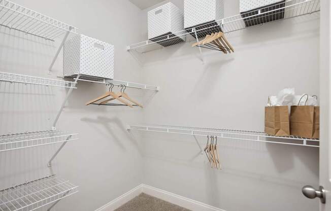 A white closet with clothes hangers and storage boxes.
