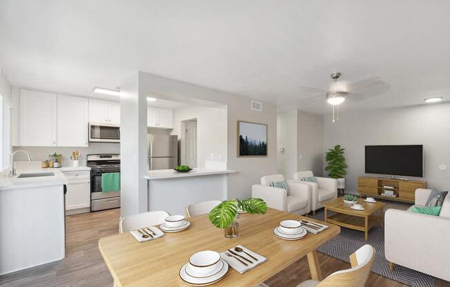 a living room and dining room with a table and chairs