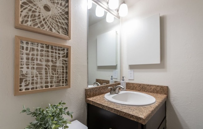 This is a photo of the bathroom of the 590 square foot 1 bedroom, 1 bath model apartment at The Biltmore Apartments located int he Vickery Meadow neighborhood of Dallas, TX.