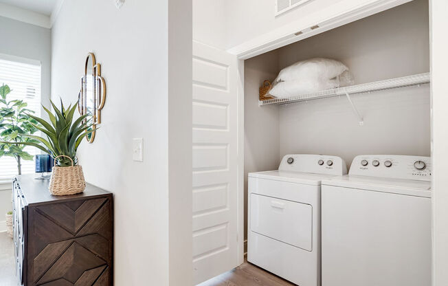 a washer and dryer in a laundry room with a plant and a shelf