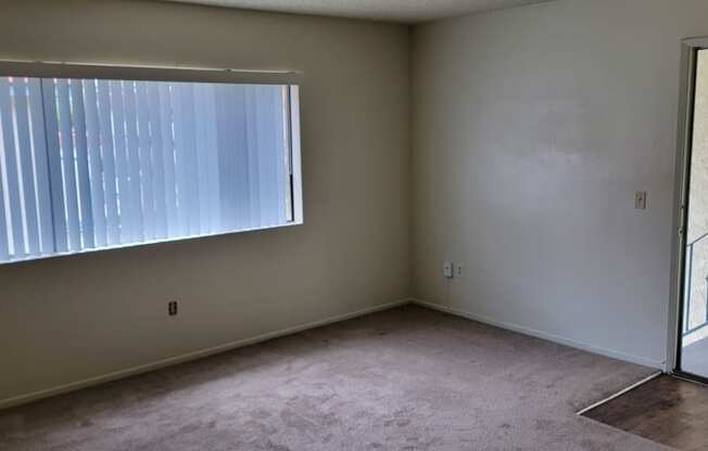 Carpeted living room with large window and vertical blinds at Magnolia Apartments in Riverside, Califonia.