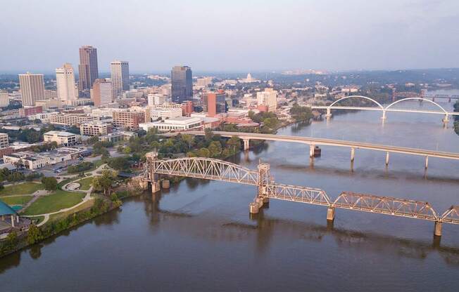 A bridge spans a river in a city with a skyline in the background.