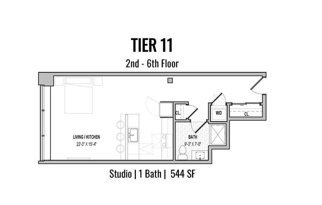 Studio, 1 bath, 544 sqft, $1,999, Unit 311