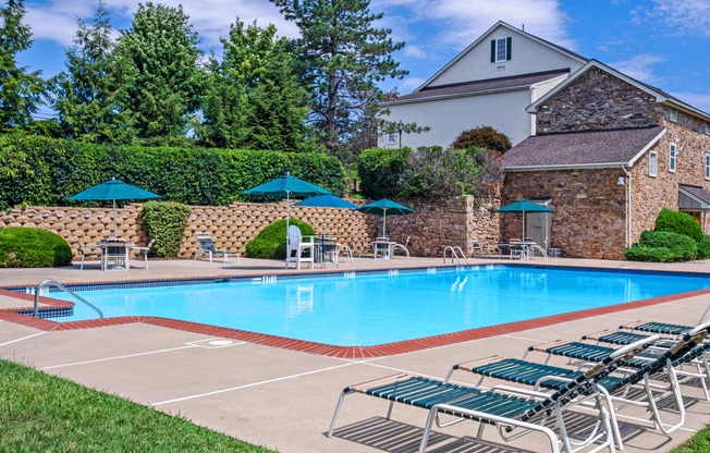 Swimming pool surrounded by lounge chairs and tables and adorned with tall trees.