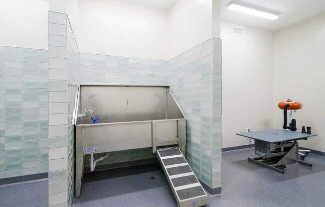 a tiled pet spa with a walk-in shower for larger dogs, a washing station for smaller dogs, and a hair drying station on the penthouse level